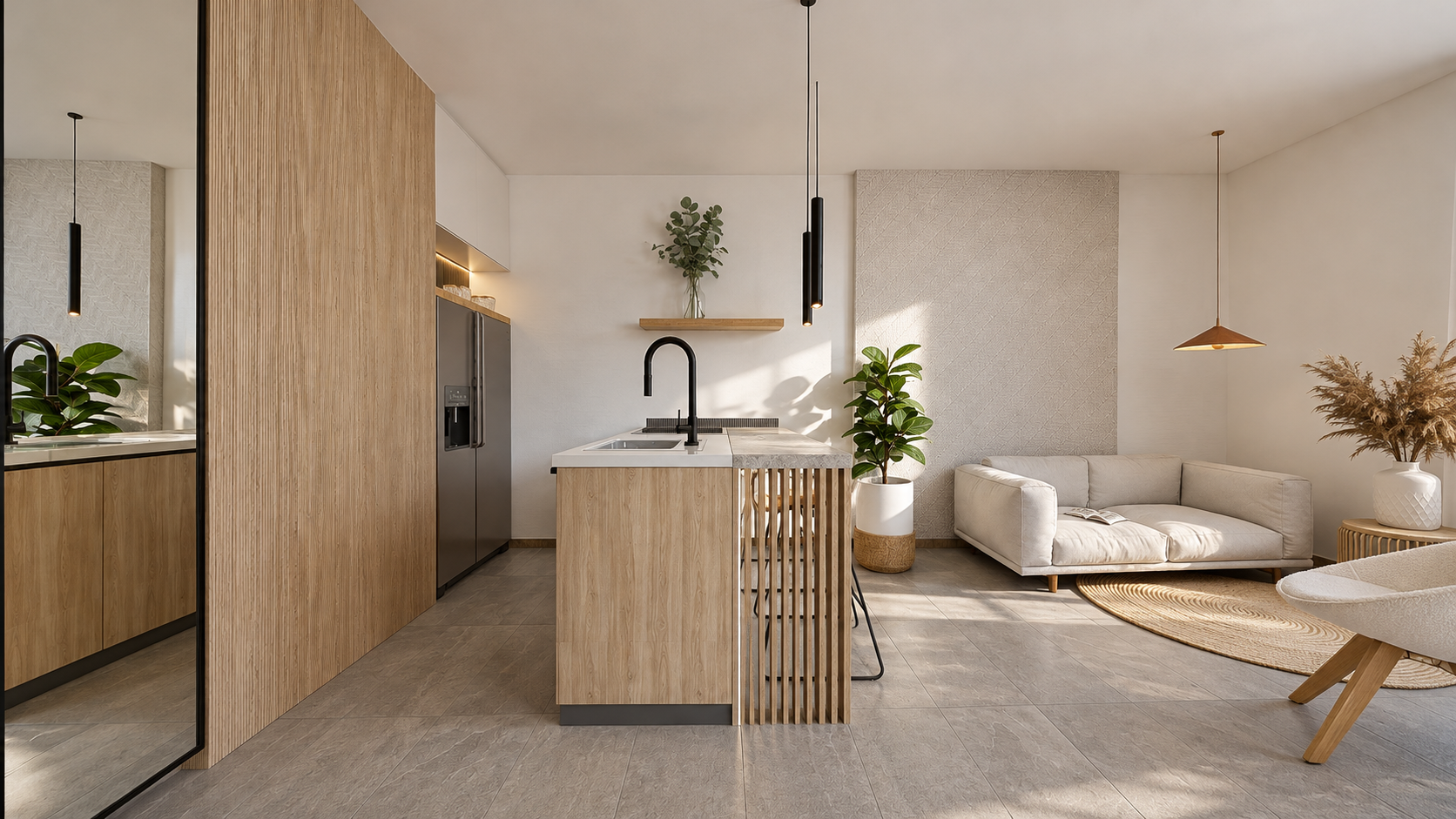 Interior de suite con cocina y sala